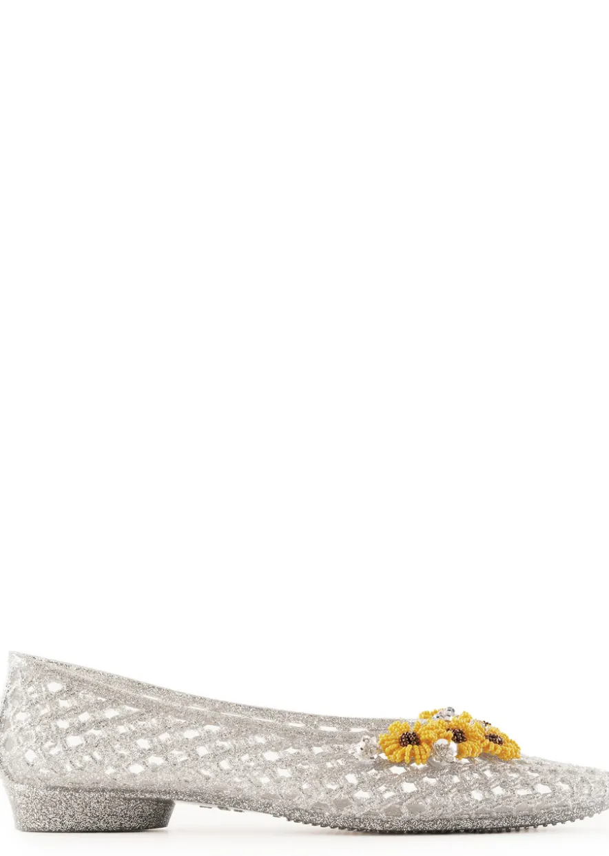 Flower-embellished jelly ballet flats