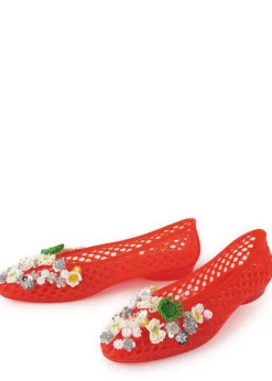 Flower-embellished jelly ballet flats