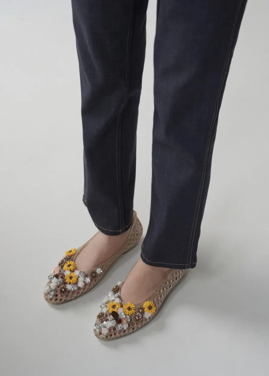 Flower-embellished jelly ballet flats