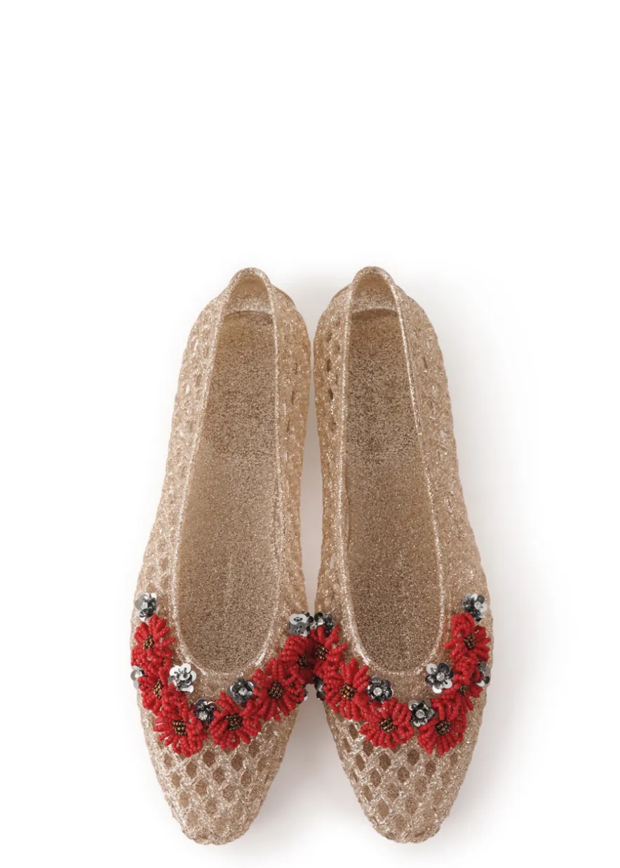 Flower-embellished jelly ballet flats