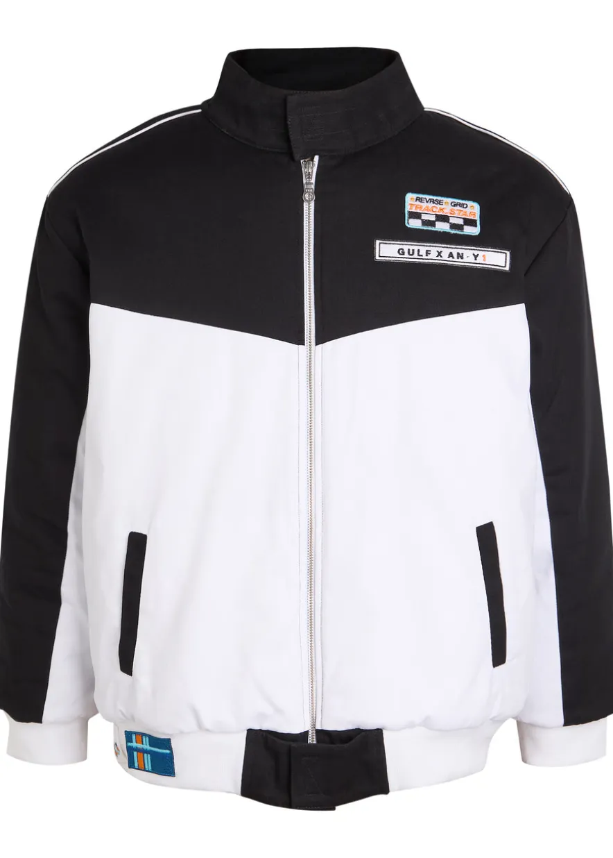 Formula appliquéd padded canvas bomber jacket
