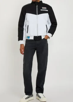 Formula appliquéd padded canvas bomber jacket