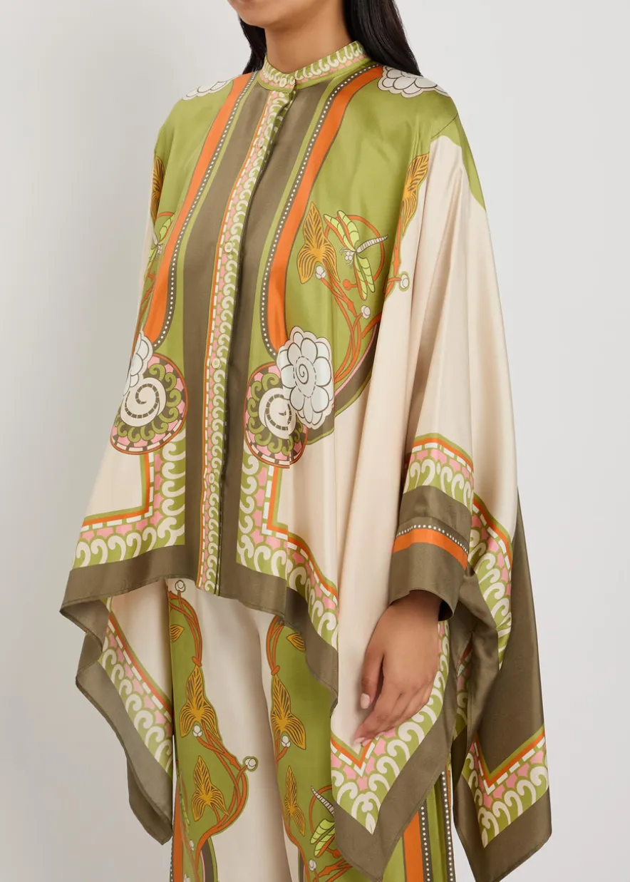 Foulard printed asymmetric silk shirt