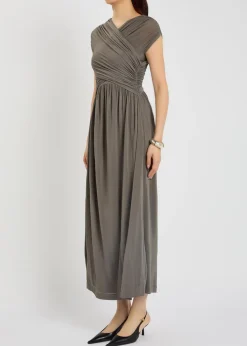 Freja cross-over ruched stretch-jersey midi dress