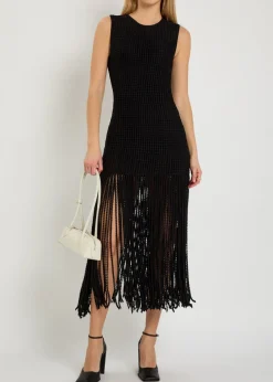 Fringed open-knit midi dress