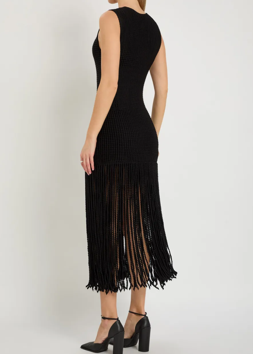 Fringed open-knit midi dress