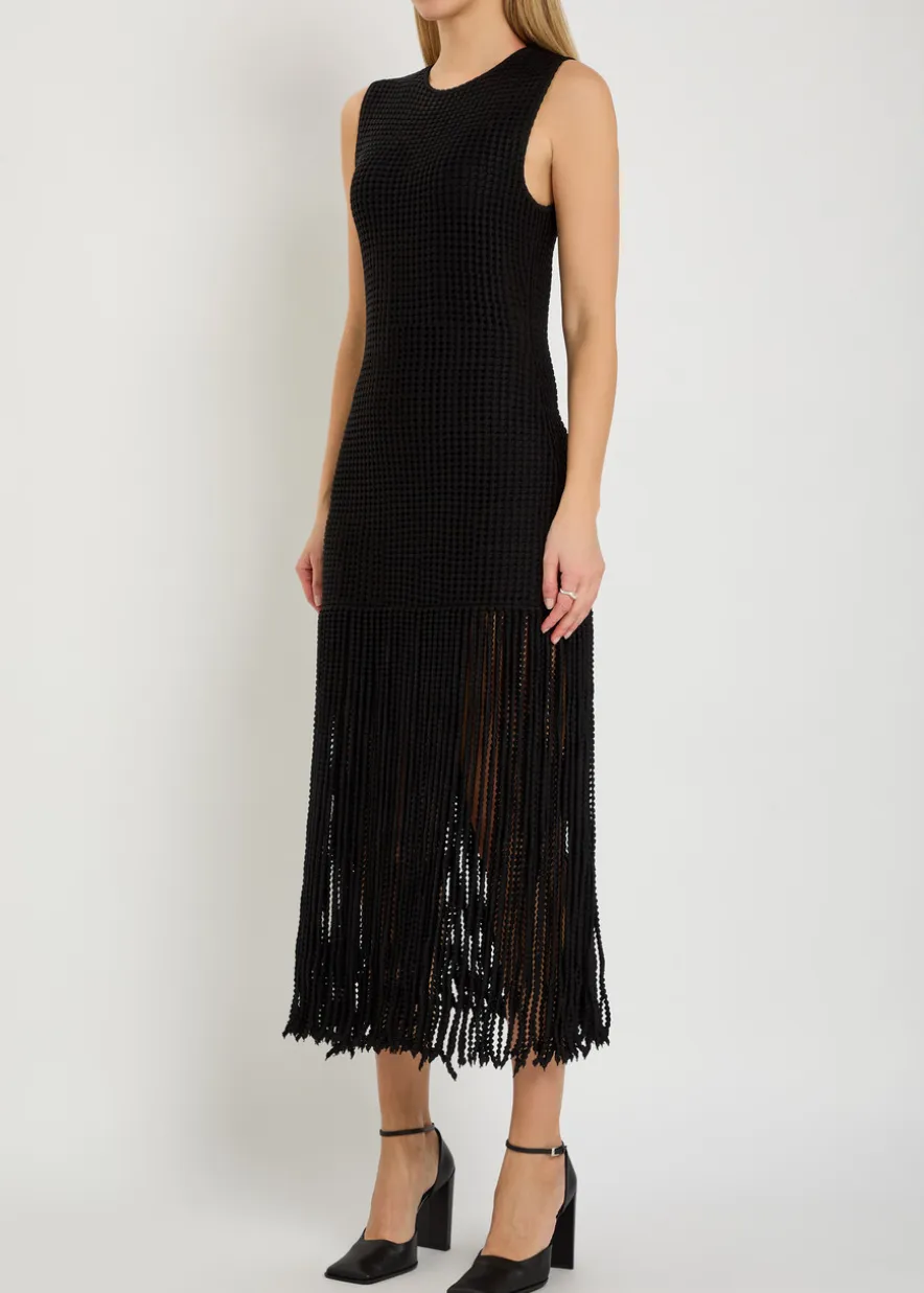 Fringed open-knit midi dress