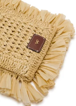 Fringed raffia and leather cross-body phone pouch