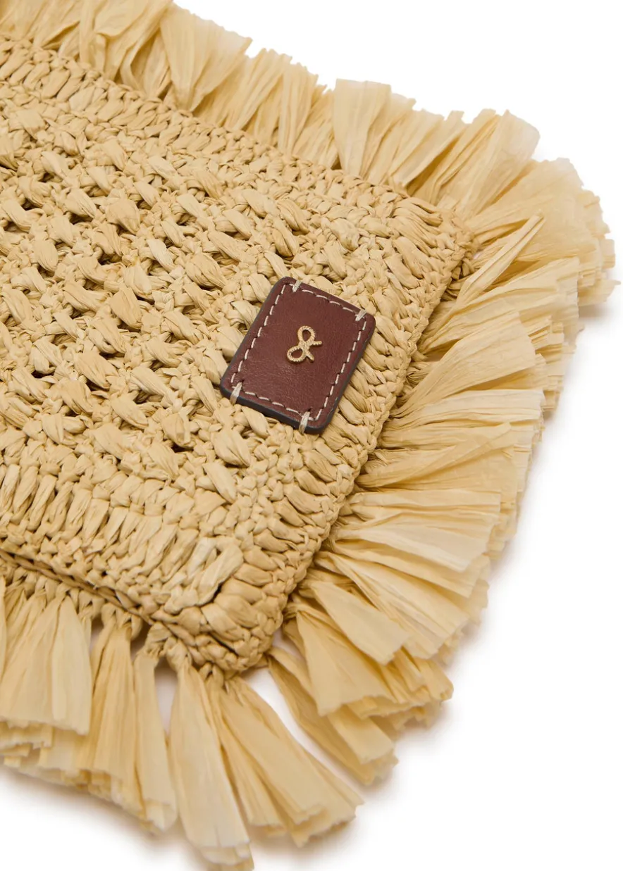 Fringed raffia and leather cross-body phone pouch