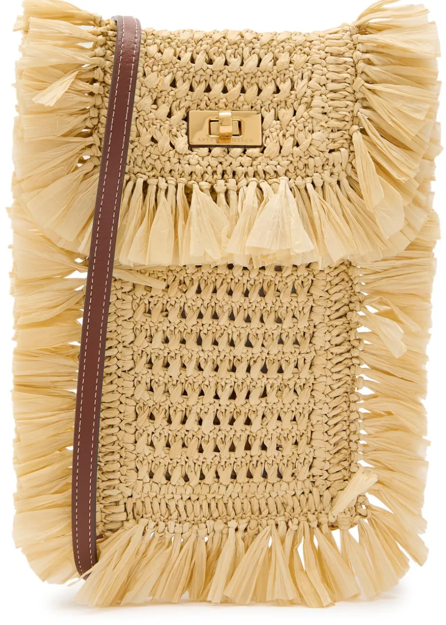 Fringed raffia and leather cross-body phone pouch