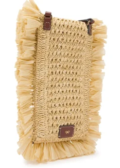 Fringed raffia and leather cross-body phone pouch