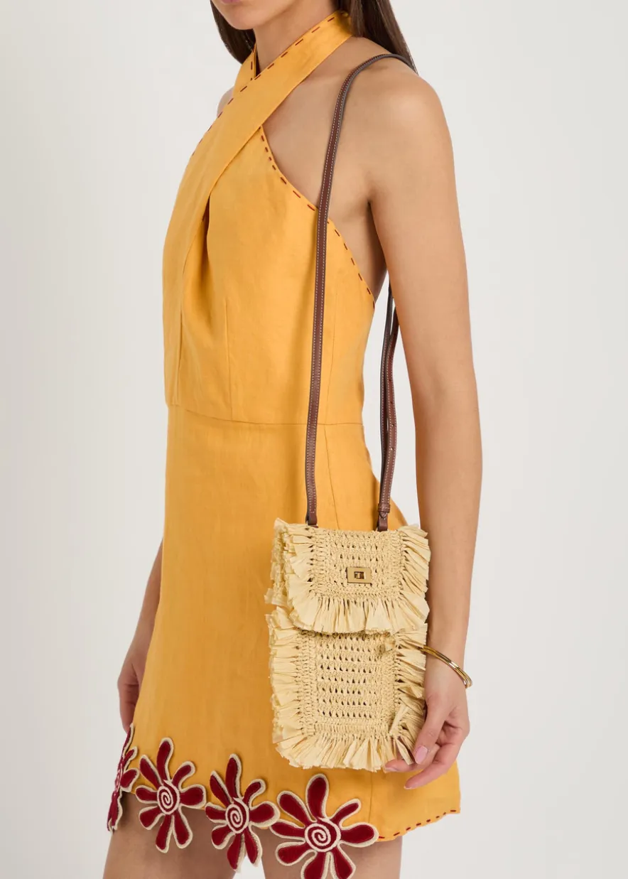 Fringed raffia and leather cross-body phone pouch