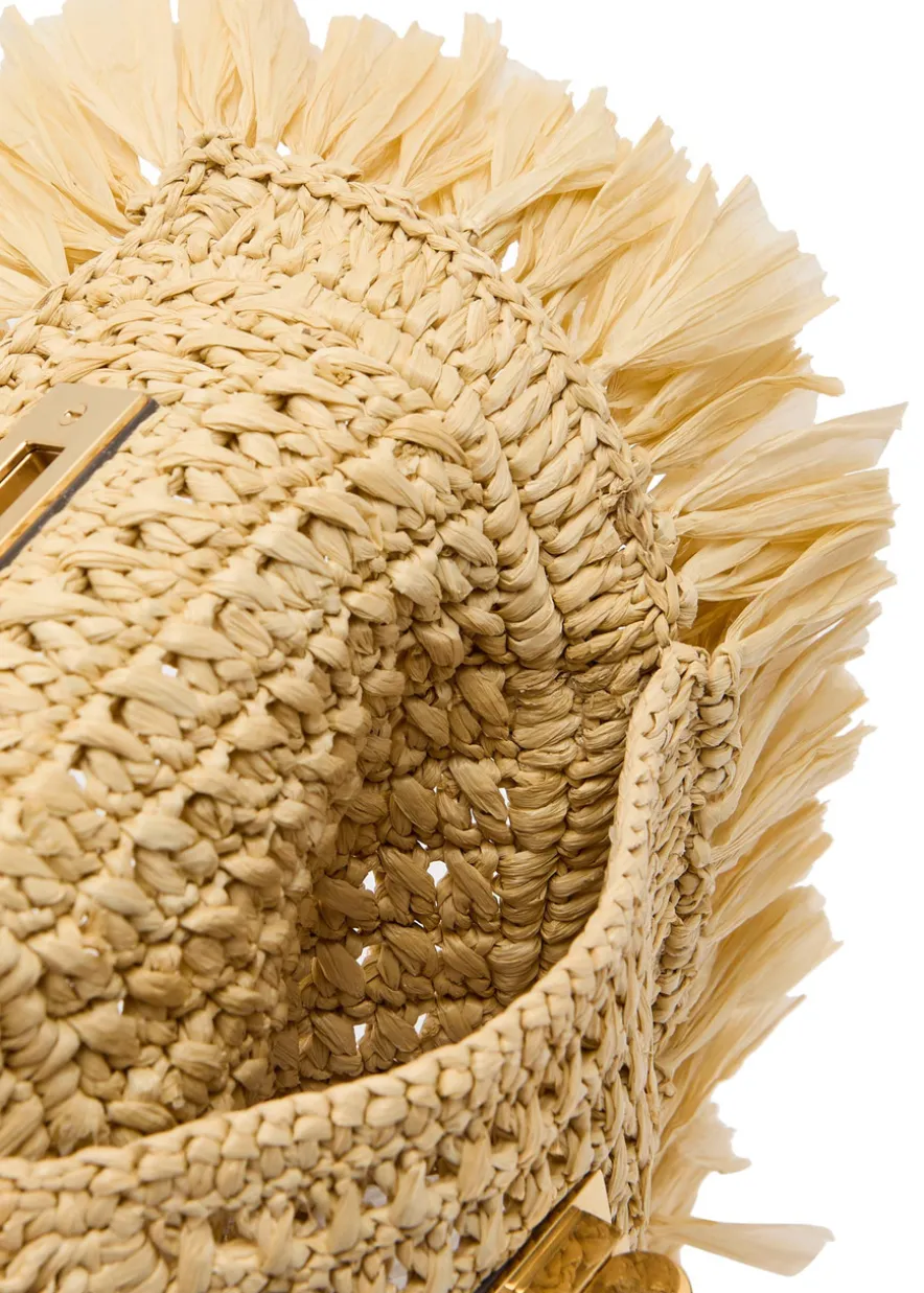 Fringed raffia and leather cross-body phone pouch