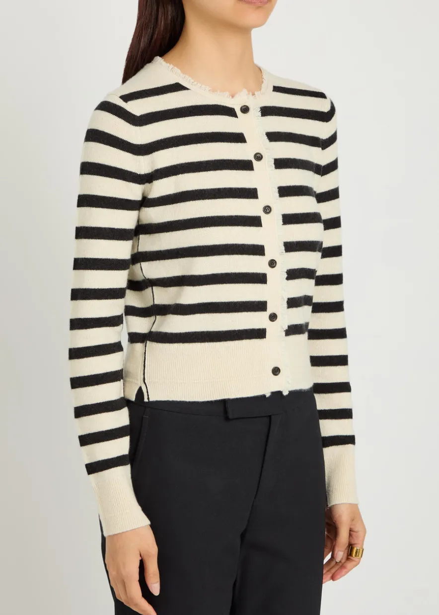 Fringed striped cashmere and cotton-blend cardigan