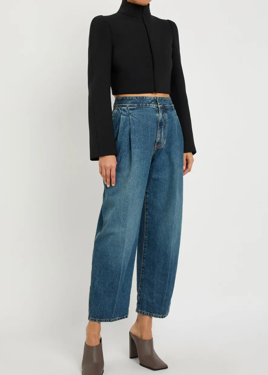 Funnel-neck cavalry twill cropped jacket