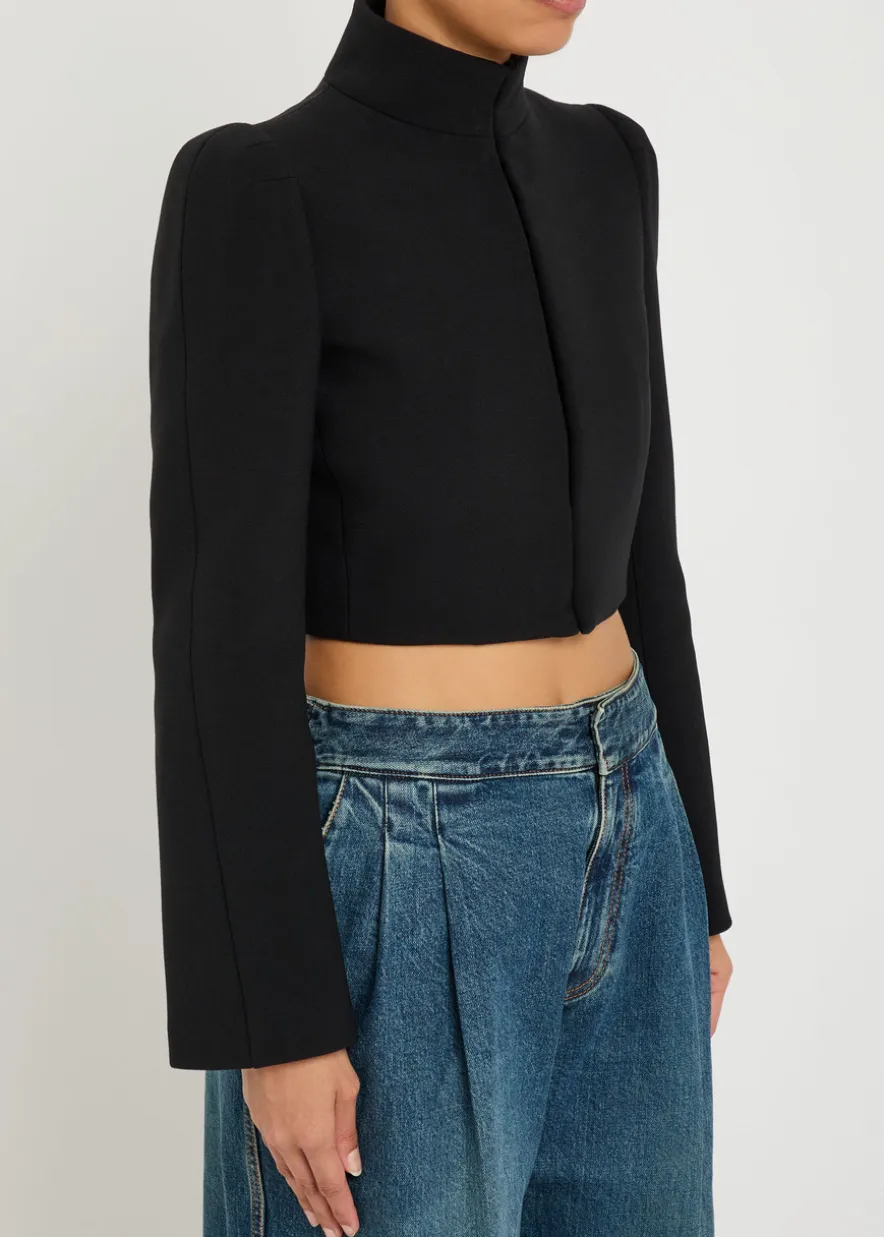 Funnel-neck cavalry twill cropped jacket