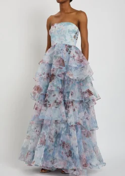 Gabriella floral-print strapless linen-blend gown