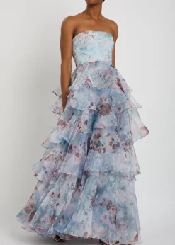Gabriella floral-print strapless linen-blend gown