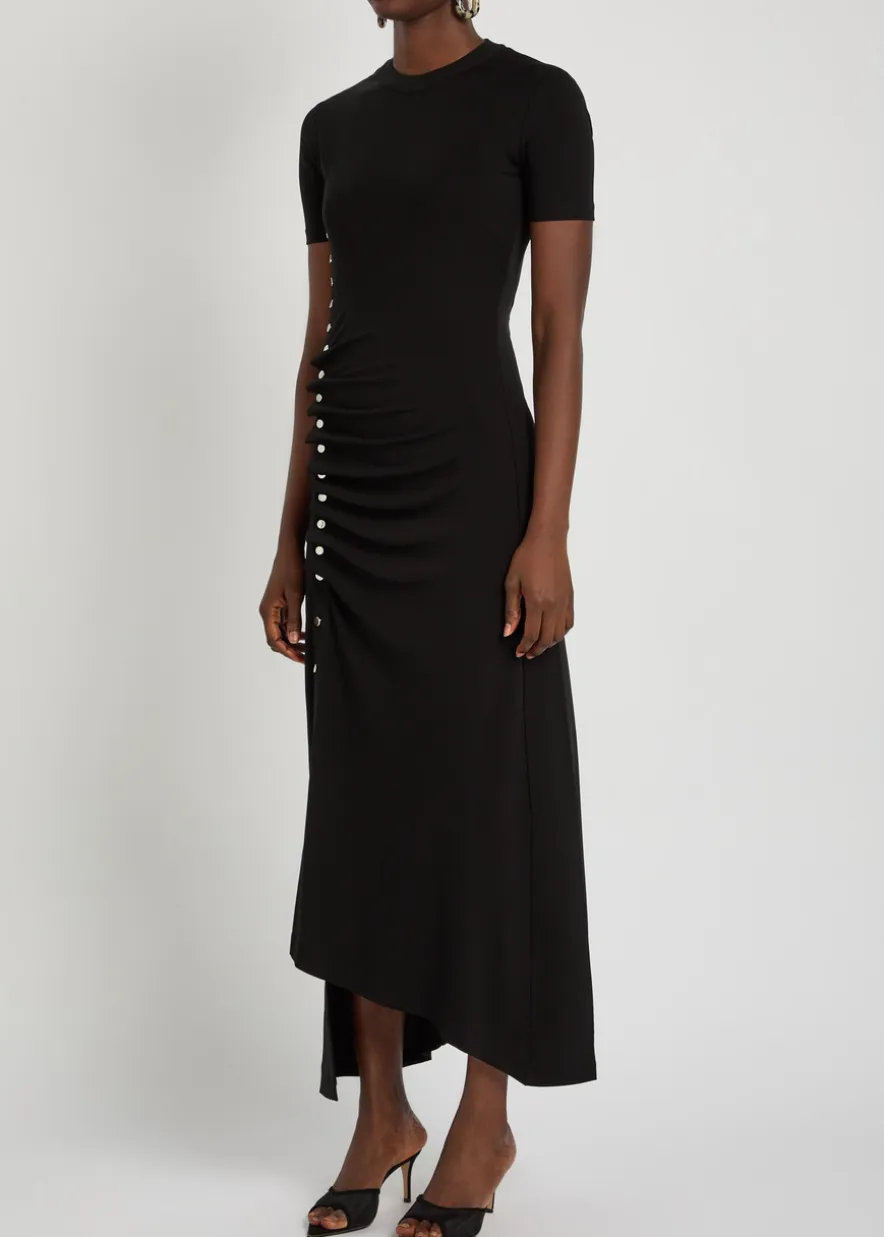 Gathered asymmetric stretch-jersey midi dress