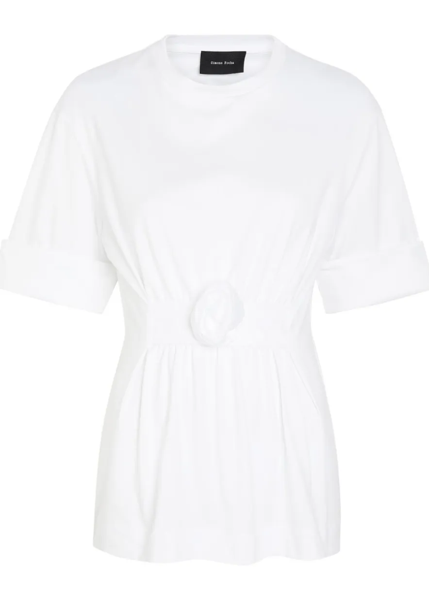 Gathered floral-appliquéd cotton T-shirt