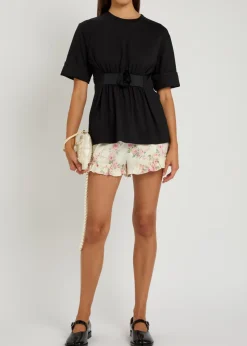 Gathered floral-appliquéd cotton T-shirt