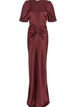 Gathered satin-crepe midi dress