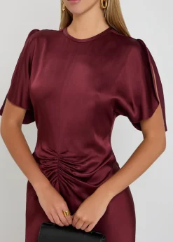 Gathered satin-crepe midi dress