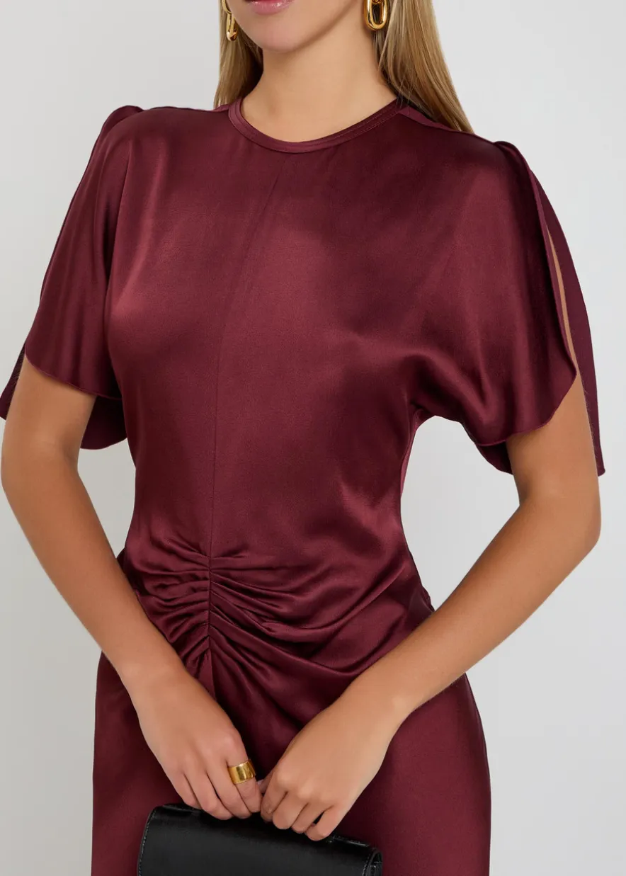 Gathered satin-crepe midi dress