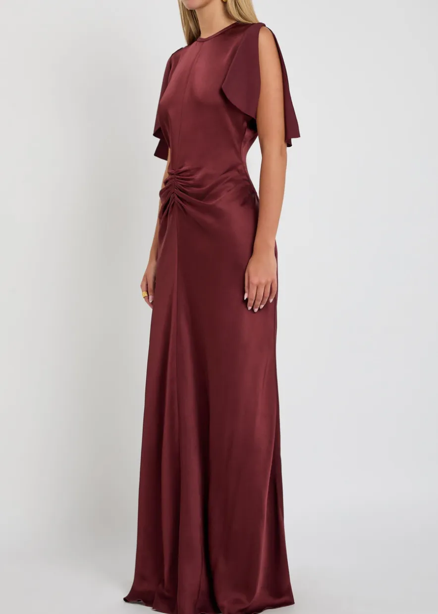 Gathered satin-crepe midi dress