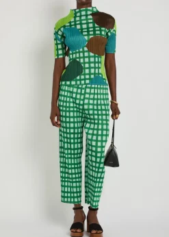 Gingham pleated straight-leg woven cropped trousers