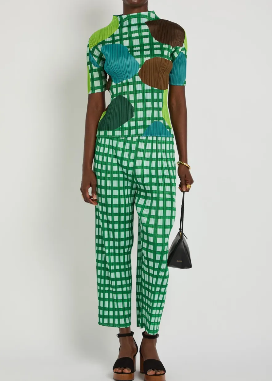 Gingham pleated straight-leg woven cropped trousers