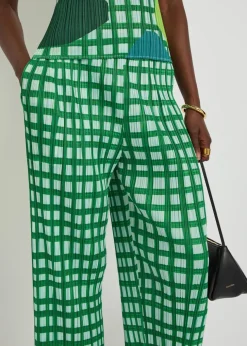Gingham pleated straight-leg woven cropped trousers