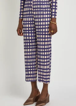 Gingham pleated straight-leg woven cropped trousers