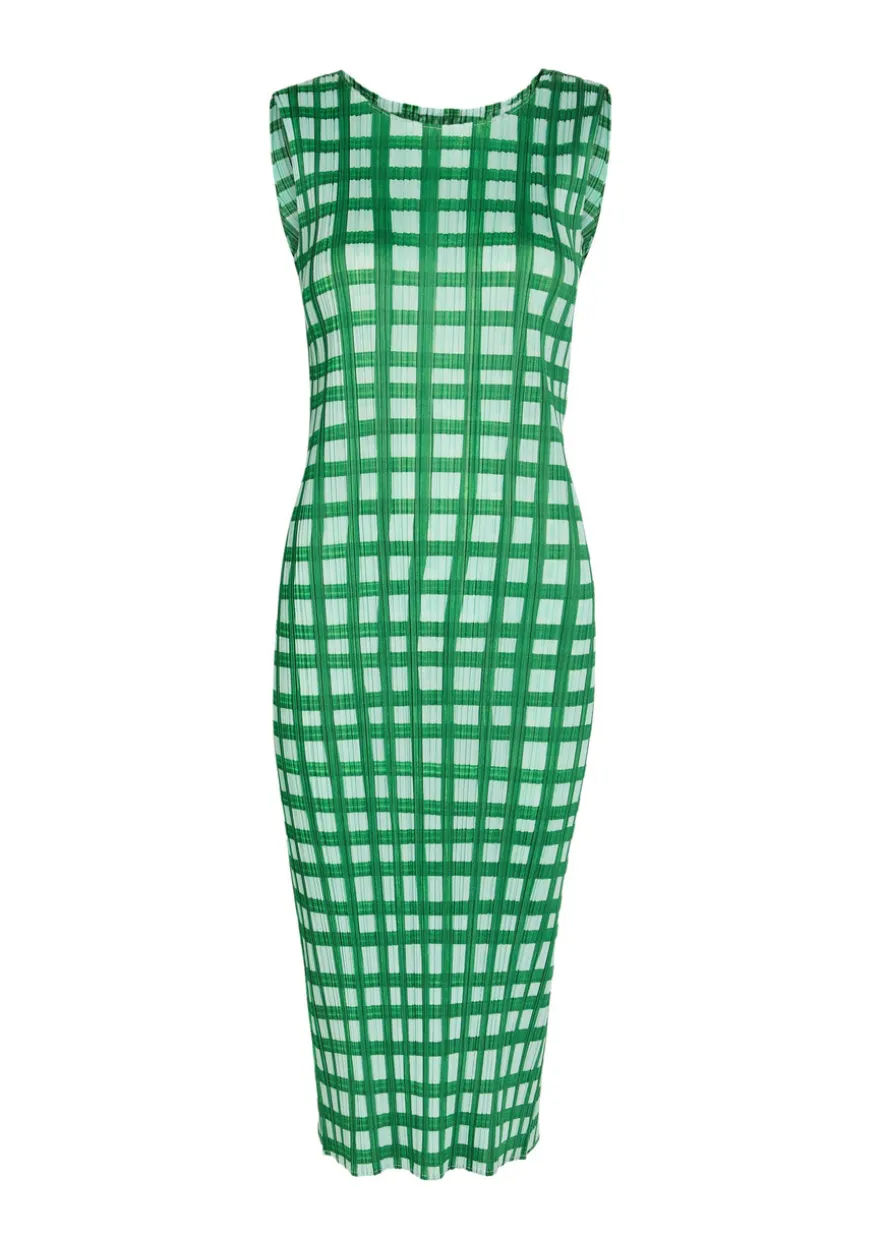 Gingham pleated woven midi dress
