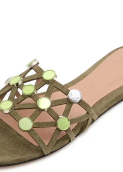 Grid embellished suede sliders