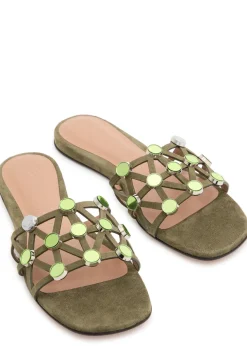 Grid embellished suede sliders