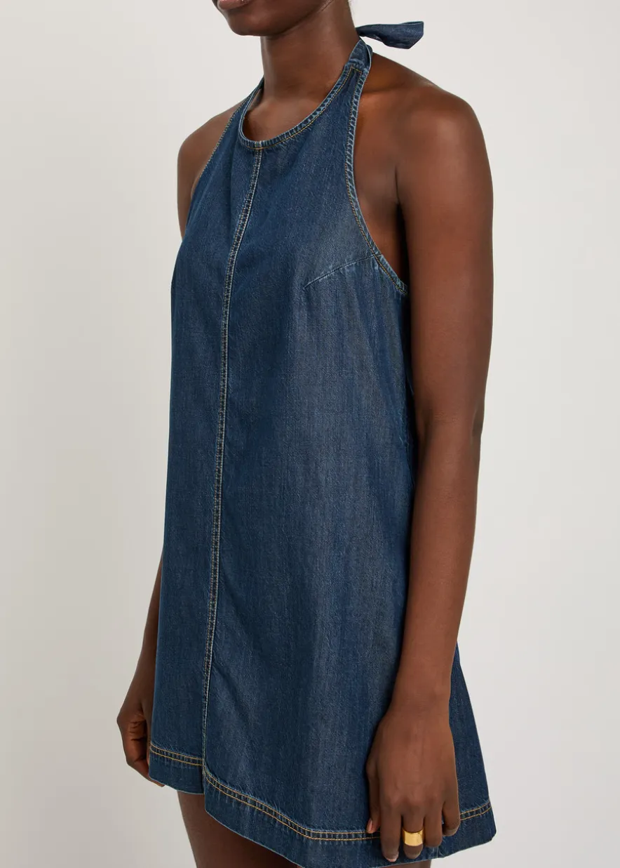 Halterneck denim mini dress