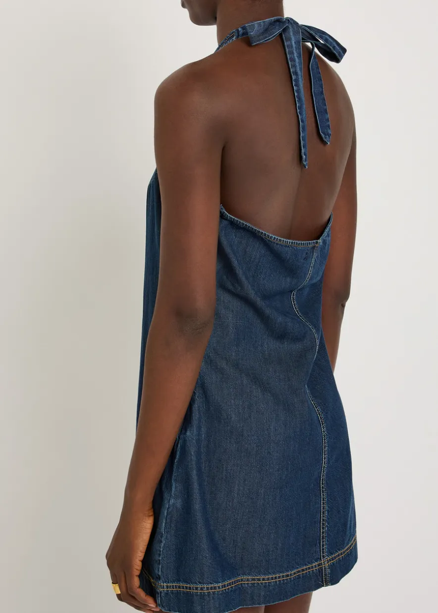 Halterneck denim mini dress