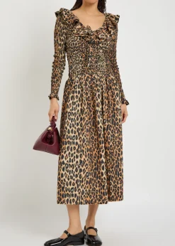 Harper leopard shirred cotton-poplin midi dress