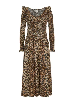 Harper leopard shirred cotton-poplin midi dress