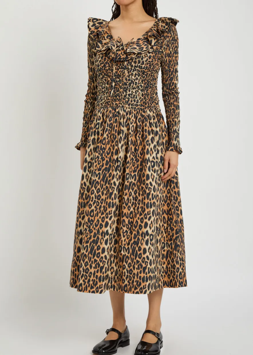 Harper leopard shirred cotton-poplin midi dress