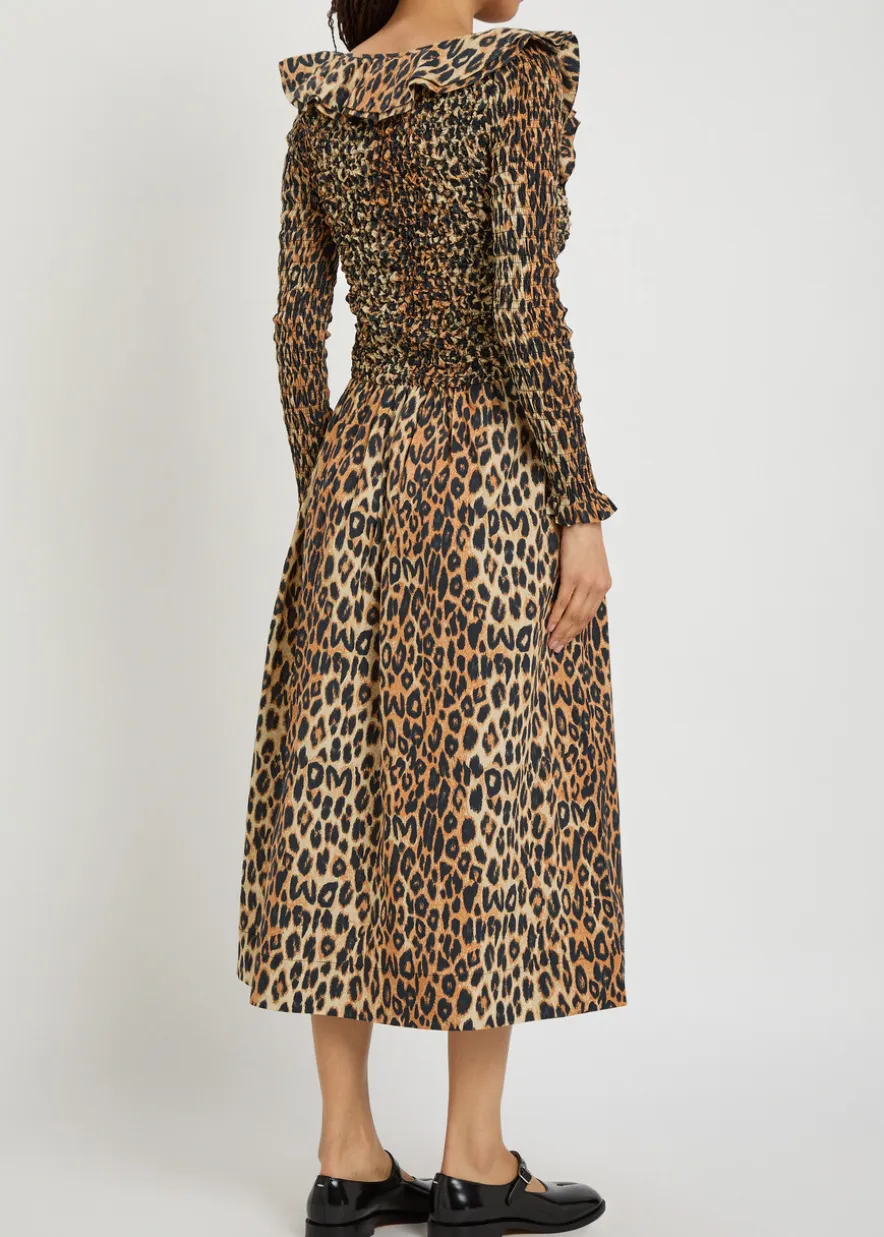 Harper leopard shirred cotton-poplin midi dress