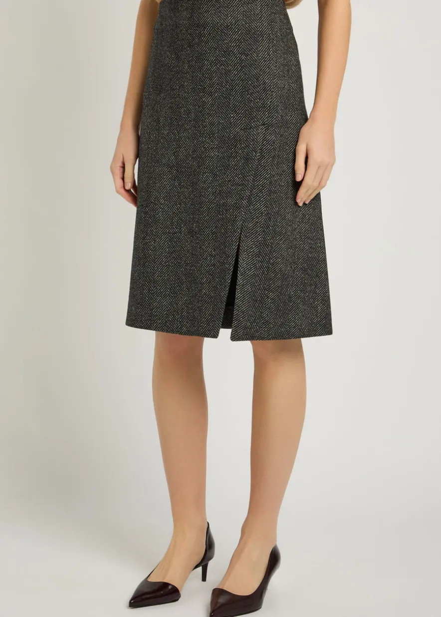 Herringbone wool knee-length skirt