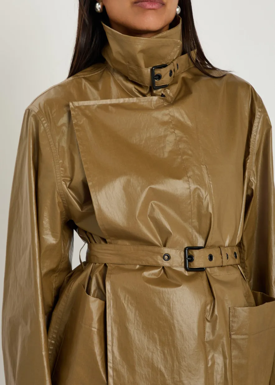 High-neck coated cotton wrap jacket