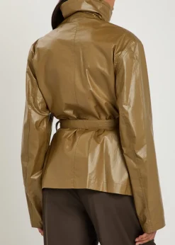 High-neck coated cotton wrap jacket