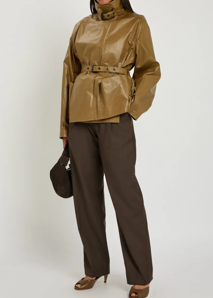 High-neck coated cotton wrap jacket