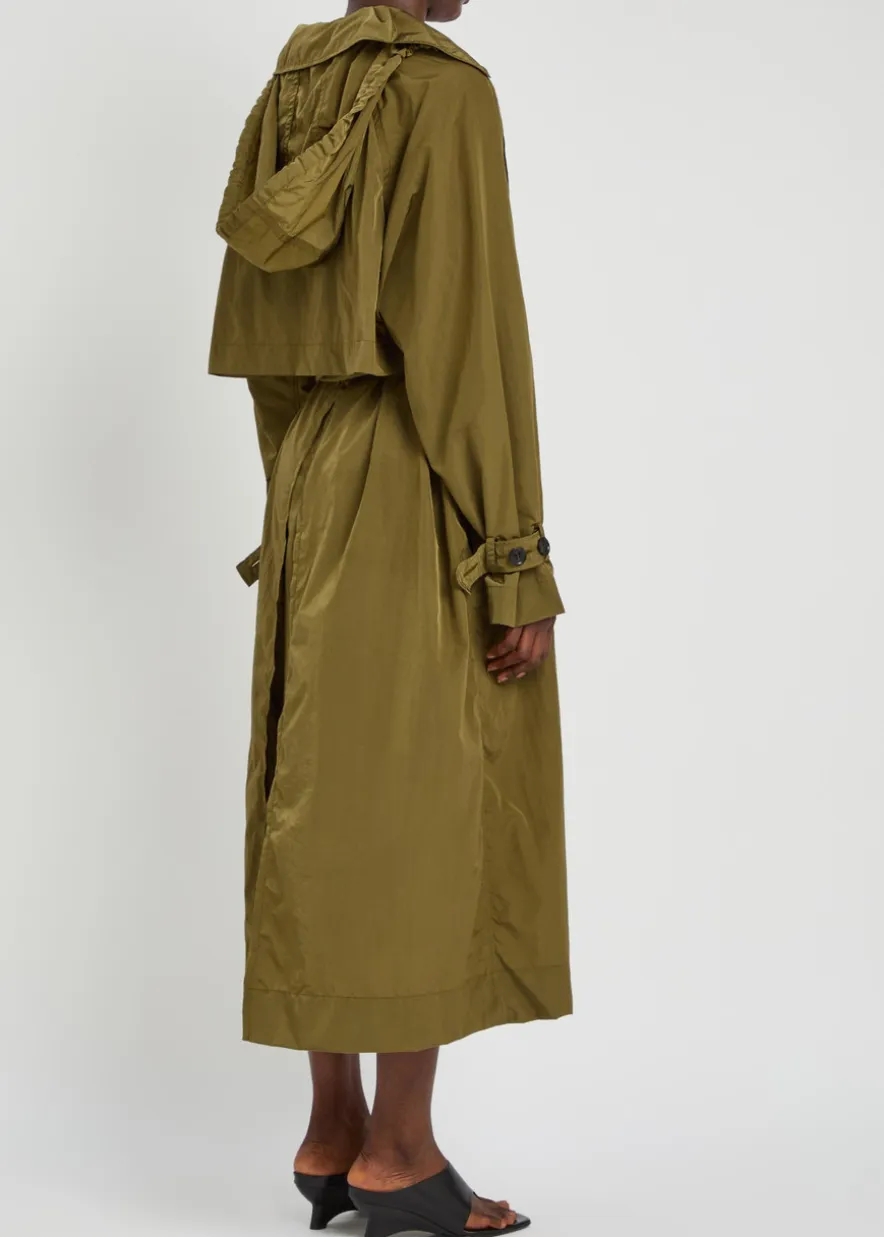 Hooded belted nylon trench