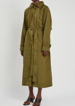 Hooded belted nylon trench