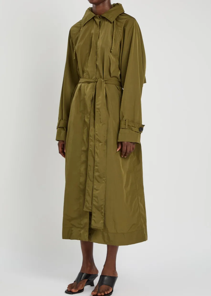 Hooded belted nylon trench