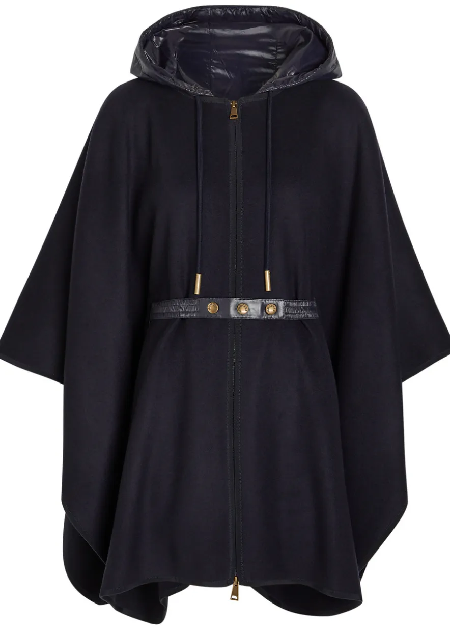 Hooded belted wool-blend cape coat